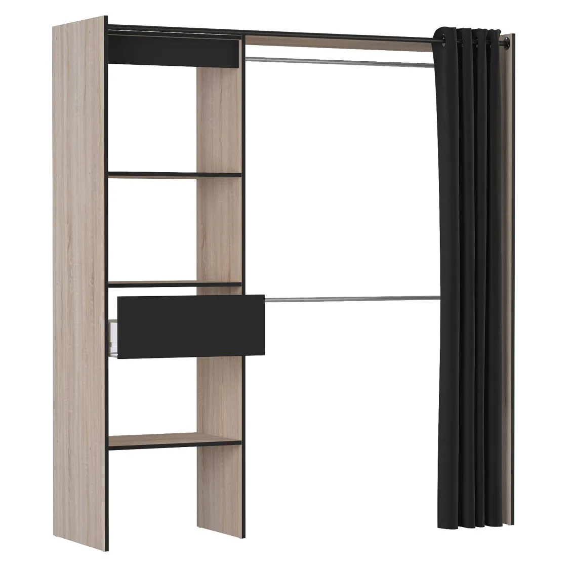 Brico Chicago Kledingkast Uitschuifbaar + Gordijn Geborsteld Eik / Mat Zwart Best