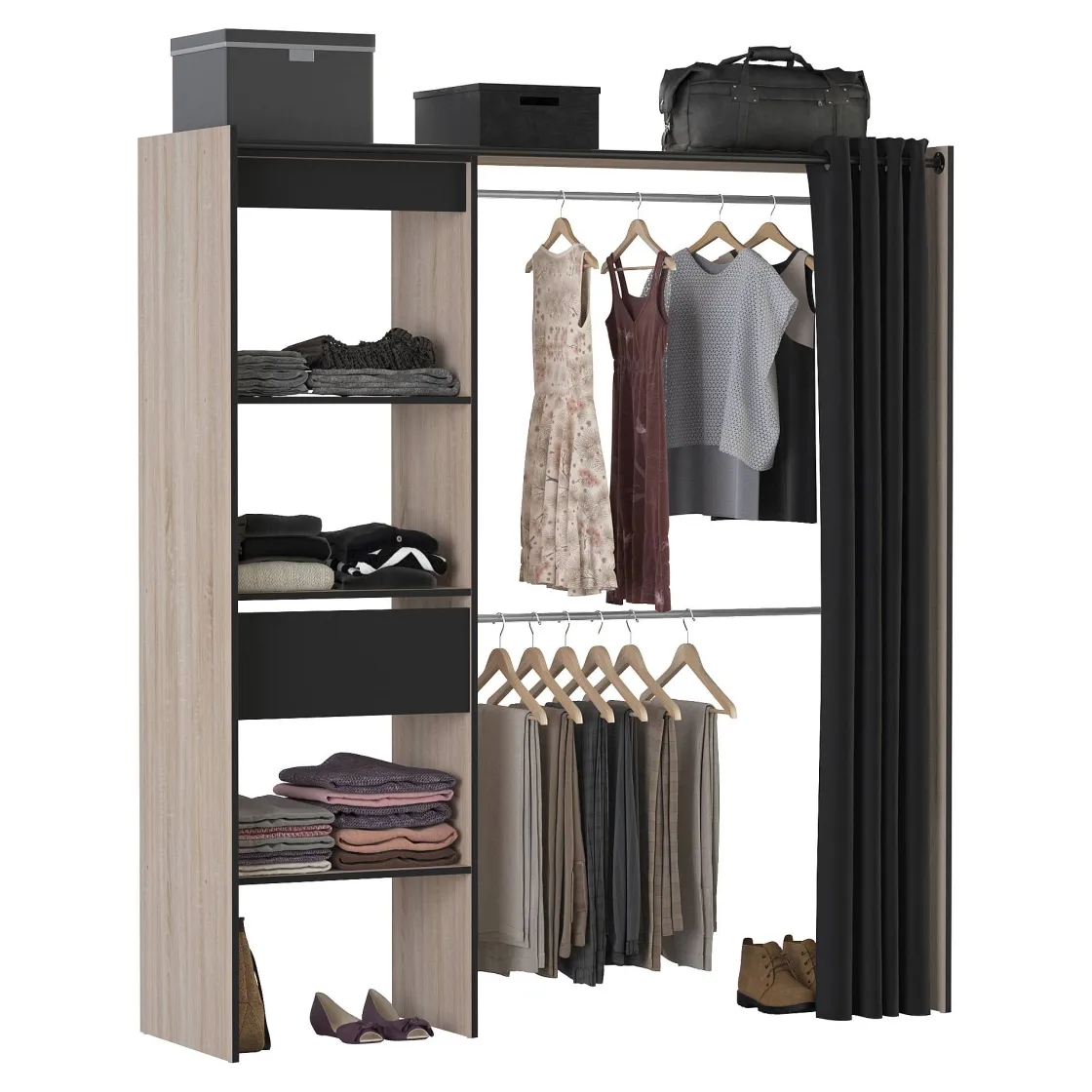 Brico Chicago Kledingkast Uitschuifbaar + Gordijn Geborsteld Eik / Mat Zwart Best