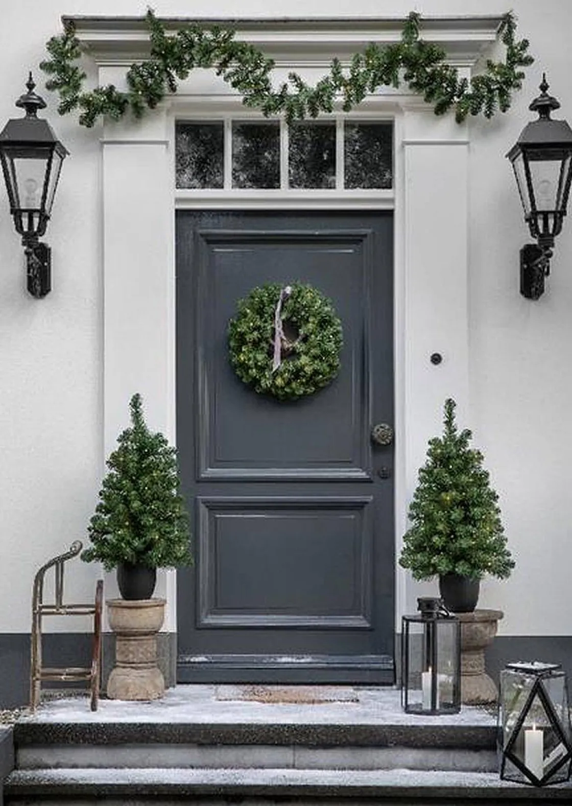 Brico Decoris Voordeurset 2X Mini Kunstkerstboom Met Verlichting 90Cm + Krans En Slinger Clearance