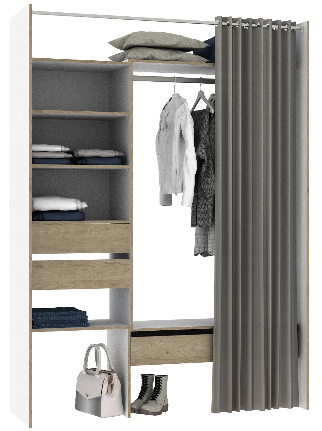 Brico Kast Oslo Wit/Eik Uitrekbaar Met Gordijn 3 Lades 6 Planken Best