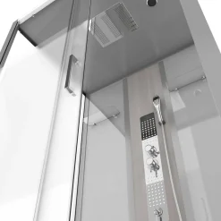 Brico Technische Eigenschappen: 85X115X215Cm Benodigde Hoogte Voor Installatie 230Cm Metaalgrijs Gelakte Aluminium Structuur Omkeerbare Schuifdeur In 6 Mm Van Gehard Glas Achterwand Van Grijs Gehard Glas Van 5 Mm Composiet Houten Kolom Met Roestvrijstalen Plaat Voorwanden En Zijkanten Met Gematteerde Banden Versterkt Grijs Acryl Dak En Douchebak Magnetische Sluiting Siliconenvrije Montage Toebehoren: Rvs Regendouchekop Anti-Kalksteen Multi-Jet Roestvrijstalen Hydromassagepaneel Anti-Kalksteen Handdouche Pvc-Slang Met Metallic Effect Glazen Planken Verchroomd Roestvrijstalen Handvat Mechanische Mengkraan 90 Mm Afvoer Met Hoog Debiet Composiet Houten Rooster Geleverd Met Aansluitslangen New