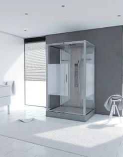 Brico Technische Eigenschappen: 85X115X215Cm Benodigde Hoogte Voor Installatie 230Cm Metaalgrijs Gelakte Aluminium Structuur Omkeerbare Schuifdeur In 6 Mm Van Gehard Glas Achterwand Van Grijs Gehard Glas Van 5 Mm Composiet Houten Kolom Met Roestvrijstalen Plaat Voorwanden En Zijkanten Met Gematteerde Banden Versterkt Grijs Acryl Dak En Douchebak Magnetische Sluiting Siliconenvrije Montage Toebehoren: Rvs Regendouchekop Anti-Kalksteen Multi-Jet Roestvrijstalen Hydromassagepaneel Anti-Kalksteen Handdouche Pvc-Slang Met Metallic Effect Glazen Planken Verchroomd Roestvrijstalen Handvat Mechanische Mengkraan 90 Mm Afvoer Met Hoog Debiet Composiet Houten Rooster Geleverd Met Aansluitslangen New