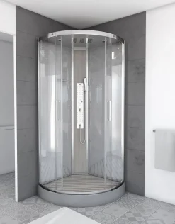 Brico Technische Eigenschappen:85X185X215Cmbenodigde Hoogte Voor Installatie 230Cmmetaalgrijs Gelakte Aluminium Structuuromkeerbare Schuifdeur In 6 Mm Van Gehard Glasachterwand Van Grijs Gehard Glas Van 5 Mmcomposiet Houten Kolom Met Roestvrijstalen Plaatvoorwanden En Zijkanten Met Gematteerde Bandenversterkt Grijs Acryl Dak En Douchebakmagnetische Sluitingsiliconenvrije Montagetoebehoren: Rvs Regendouchekopanti-Kalksteen Multi-Jet Roestvrijstalen Hydromassagepaneelanti-Kalksteen Handdouchepvc-Slang Met Metallic Effectglazen Plankenverchroomd Roestvrijstalen Handvatmechanische Mengkraan90 Mm Afvoer Met Hoog Debietcomposiet Houten Roostergeleverd Met Aansluitslangen Best