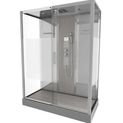 Brico Technische Eigenschappen:75X150X215Cmbenodigde Hoogte Voor Installatie 230Cmmetaalgrijs Gelakte Aluminium Structuuromkeerbare Schuifdeur In 6 Mm Van Gehard Glasachterwand Van Grijs Gehard Glas Van 5 Mmcomposiet Houten Kolom Met Roestvrijstalen Plaatvoorwanden En Zijkanten Met Gematteerde Bandenversterkt Grijs Acryl Dak En Douchebakmagnetische Sluitingsiliconenvrije Montagetoebehoren: Rvs Regendouchekopanti-Kalksteen Multi-Jet Roestvrijstalen Hydromassagepaneelanti-Kalksteen Handdouchepvc-Slang Met Metallic Effectglazen Plankenverchroomd Roestvrijstalen Handvatmechanische Mengkraan90 Mm Afvoer Met Hoog Debietcomposiet Houten Roostergeleverd Met Aansluitslangen Best