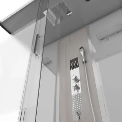 Brico Technische Eigenschappen:75X150X215Cmbenodigde Hoogte Voor Installatie 230Cmmetaalgrijs Gelakte Aluminium Structuuromkeerbare Schuifdeur In 6 Mm Van Gehard Glasachterwand Van Grijs Gehard Glas Van 5 Mmcomposiet Houten Kolom Met Roestvrijstalen Plaatvoorwanden En Zijkanten Met Gematteerde Bandenversterkt Grijs Acryl Dak En Douchebakmagnetische Sluitingsiliconenvrije Montagetoebehoren: Rvs Regendouchekopanti-Kalksteen Multi-Jet Roestvrijstalen Hydromassagepaneelanti-Kalksteen Handdouchepvc-Slang Met Metallic Effectglazen Plankenverchroomd Roestvrijstalen Handvatmechanische Mengkraan90 Mm Afvoer Met Hoog Debietcomposiet Houten Roostergeleverd Met Aansluitslangen Best