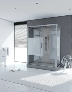 Brico Technische Eigenschappen:75X150X215Cmbenodigde Hoogte Voor Installatie 230Cmmetaalgrijs Gelakte Aluminium Structuuromkeerbare Schuifdeur In 6 Mm Van Gehard Glasachterwand Van Grijs Gehard Glas Van 5 Mmcomposiet Houten Kolom Met Roestvrijstalen Plaatvoorwanden En Zijkanten Met Gematteerde Bandenversterkt Grijs Acryl Dak En Douchebakmagnetische Sluitingsiliconenvrije Montagetoebehoren: Rvs Regendouchekopanti-Kalksteen Multi-Jet Roestvrijstalen Hydromassagepaneelanti-Kalksteen Handdouchepvc-Slang Met Metallic Effectglazen Plankenverchroomd Roestvrijstalen Handvatmechanische Mengkraan90 Mm Afvoer Met Hoog Debietcomposiet Houten Roostergeleverd Met Aansluitslangen Best