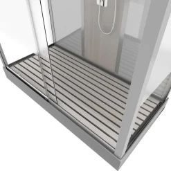 Brico Technische Eigenschappen:75X150X215Cmbenodigde Hoogte Voor Installatie 230Cmmetaalgrijs Gelakte Aluminium Structuuromkeerbare Schuifdeur In 6 Mm Van Gehard Glasachterwand Van Grijs Gehard Glas Van 5 Mmcomposiet Houten Kolom Met Roestvrijstalen Plaatvoorwanden En Zijkanten Met Gematteerde Bandenversterkt Grijs Acryl Dak En Douchebakmagnetische Sluitingsiliconenvrije Montagetoebehoren: Rvs Regendouchekopanti-Kalksteen Multi-Jet Roestvrijstalen Hydromassagepaneelanti-Kalksteen Handdouchepvc-Slang Met Metallic Effectglazen Plankenverchroomd Roestvrijstalen Handvatmechanische Mengkraan90 Mm Afvoer Met Hoog Debietcomposiet Houten Roostergeleverd Met Aansluitslangen Best