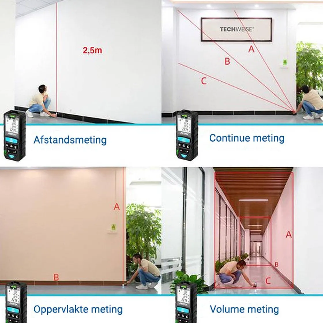 Brico Techweise Laser Afstandsmeter 50M - Met Alle Meetopties New